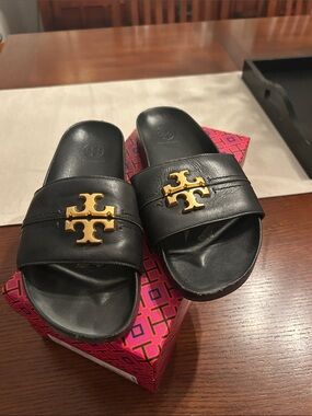 Tory Burch Black Leather Slide Sandals with Gold Logo
